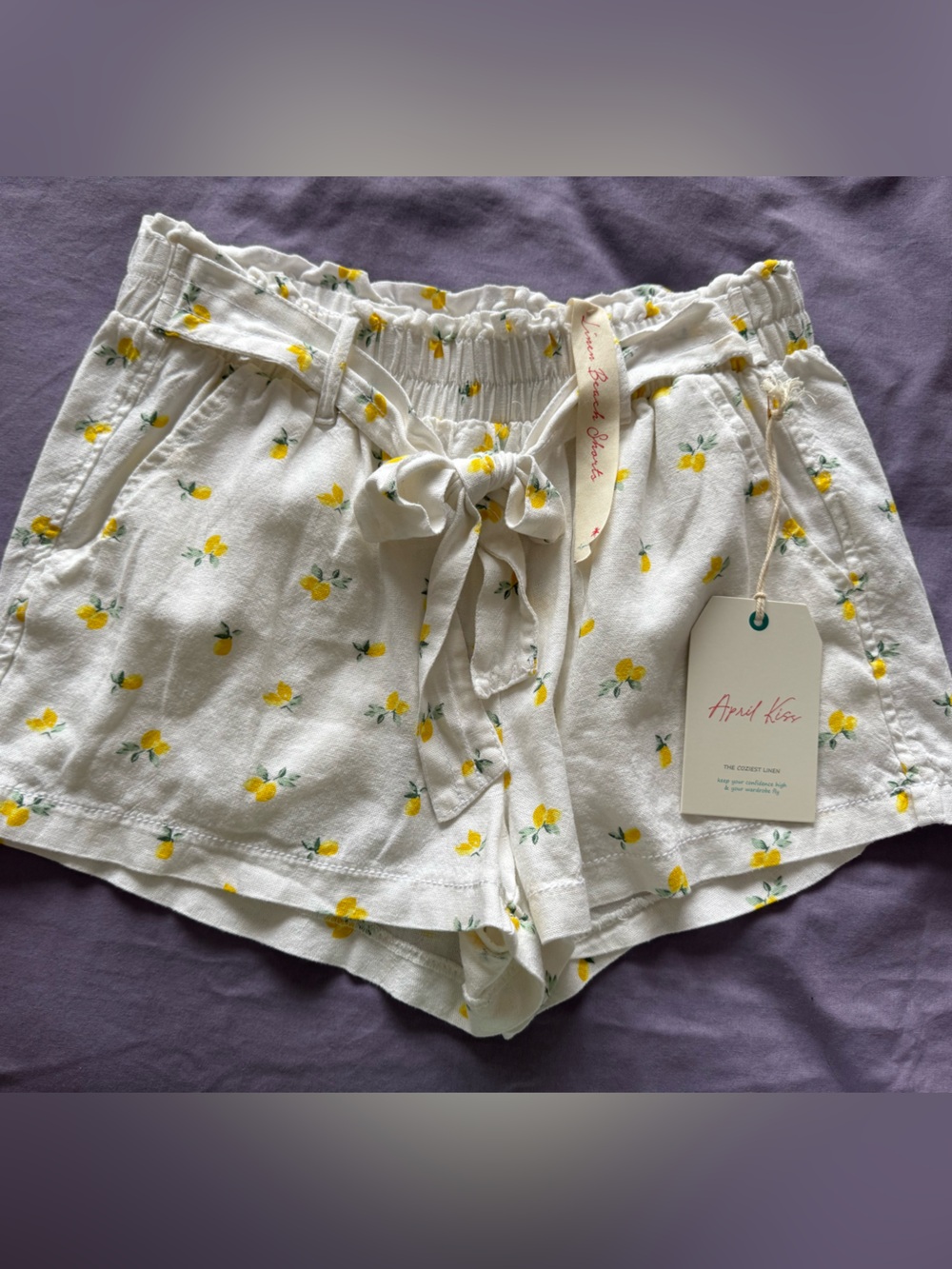 April Kiss White Lemon Print Tie-Waist Women’s Shorts